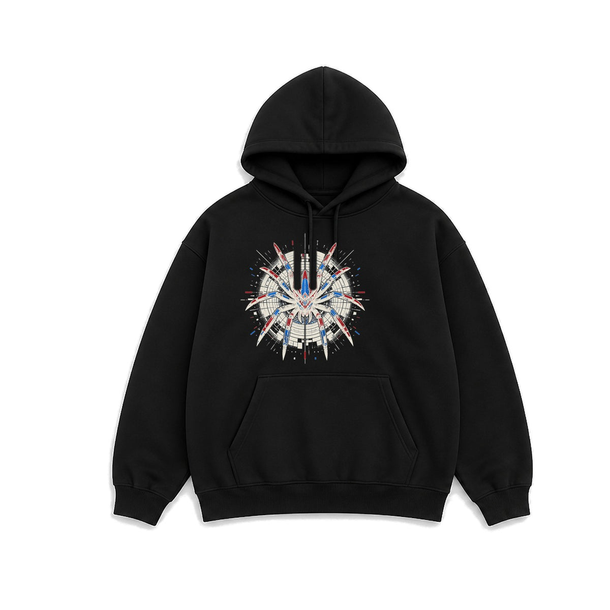 Siber Mekanik Örümcek baskılı siyah kapüşonlu sweatshirt