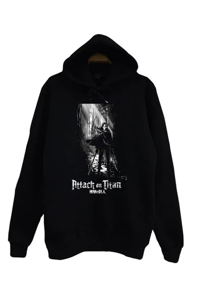 Attack on Titan baskılı siyah kapüşonlu sweatshirt