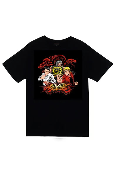 fame-stoned  Cobra Kai Dizi Baskılı Unisex %100 Pamuk Siyah T-shirt