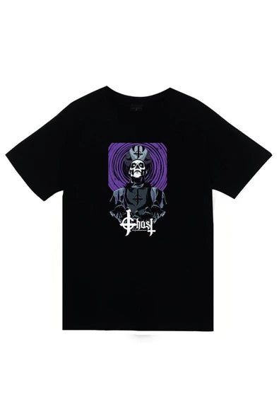 Ghost Papa Emeritus karakteri mor baskılı siyah tişört