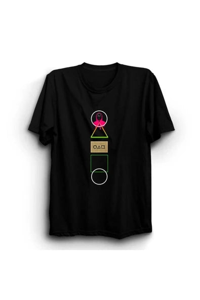 fame-stoned  Squid Game Baskılı Unisex %100 Pamuk Siyah T-shirt