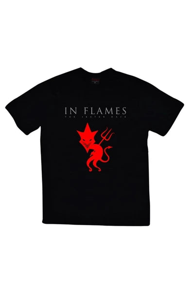 fame-stoned  In Flames Baskılı Unisex %100 Pamuk Siyah T-shirt
