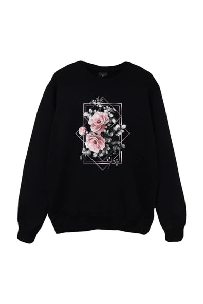 Rose Geometrik çerçeve içinde pembe baskılı siyah sweatshirt