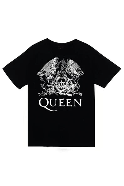 Queen Kraliyet arması ve logo baskılı siyah tişört