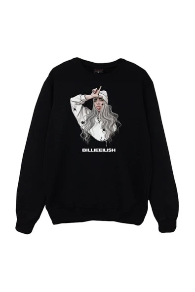 Billie Eilish baskılı siyah sweatshirt