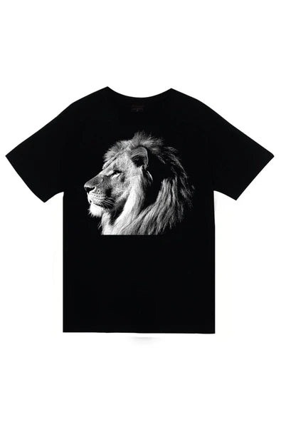 fame-stoned  Aslan Baskılı Unisex %100 Pamuk Siyah T-shirt