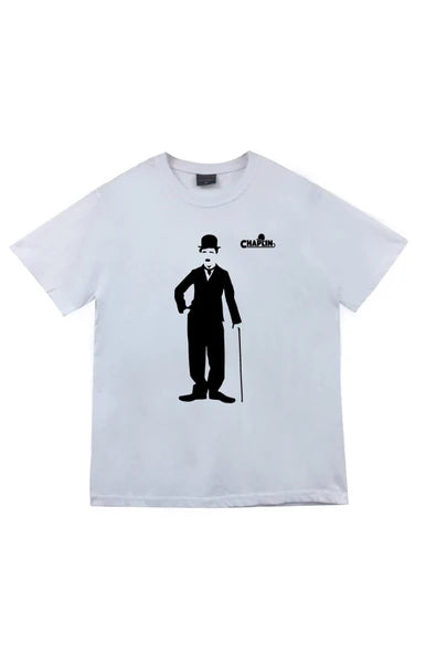 fame-stoned  Unisex Beyaz Charlie Chaplin Baskılı T-shirt