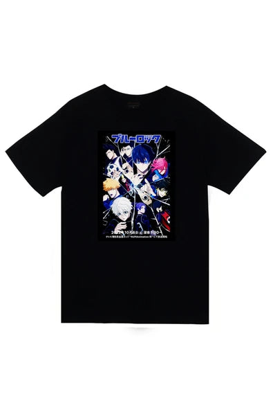fame-stoned  Blue Lock Anime Baskılı Unisex %100 Pamuk Siyah T-shirt
