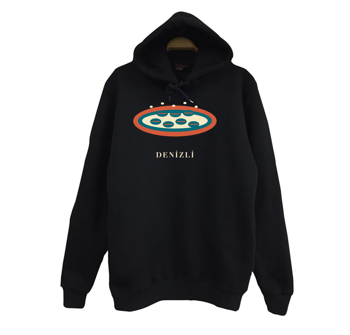 Denizli Cabut Aşı baskılı siyah kapüşonlu sweatshirt