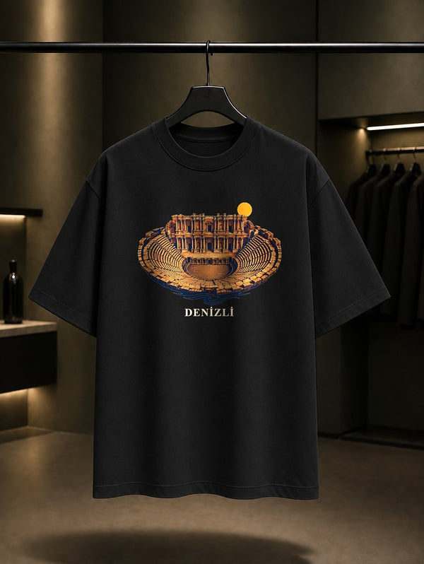 Denizli Hierapolis Antik Tiyatrosu baskılı siyah t-shirt