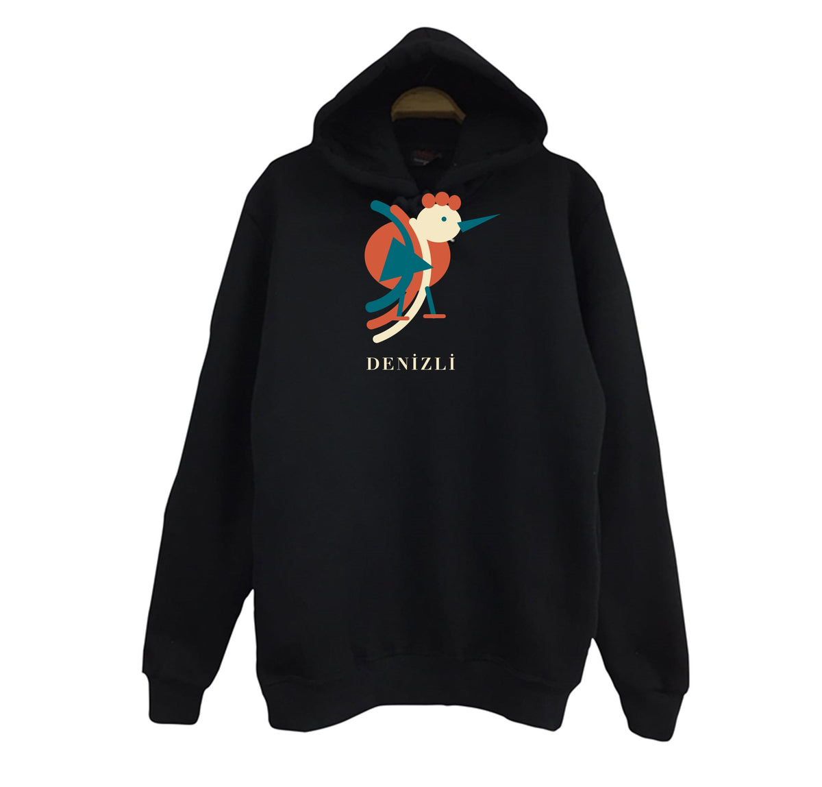 Denizli Horozu baskılı siyah kapüşonlu sweatshirt
