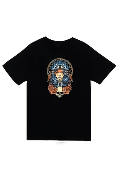 fame-stoned  Kızılderili Baskılı Unisex %100 Pamuk Siyah T-shirt