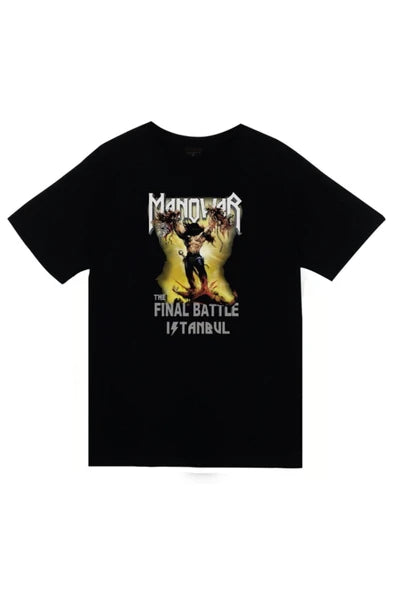 fame-stoned Manowar Baskılı Unisex %100 Pamuk Siyah T-shirt