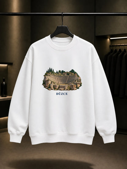 Düzce Konuralp Tiyatrosu baskılı beyaz sweatshirt