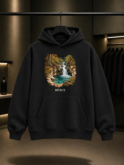 Düzce Samandere Şelalesi baskılı siyah kapüşonlu sweatshirt