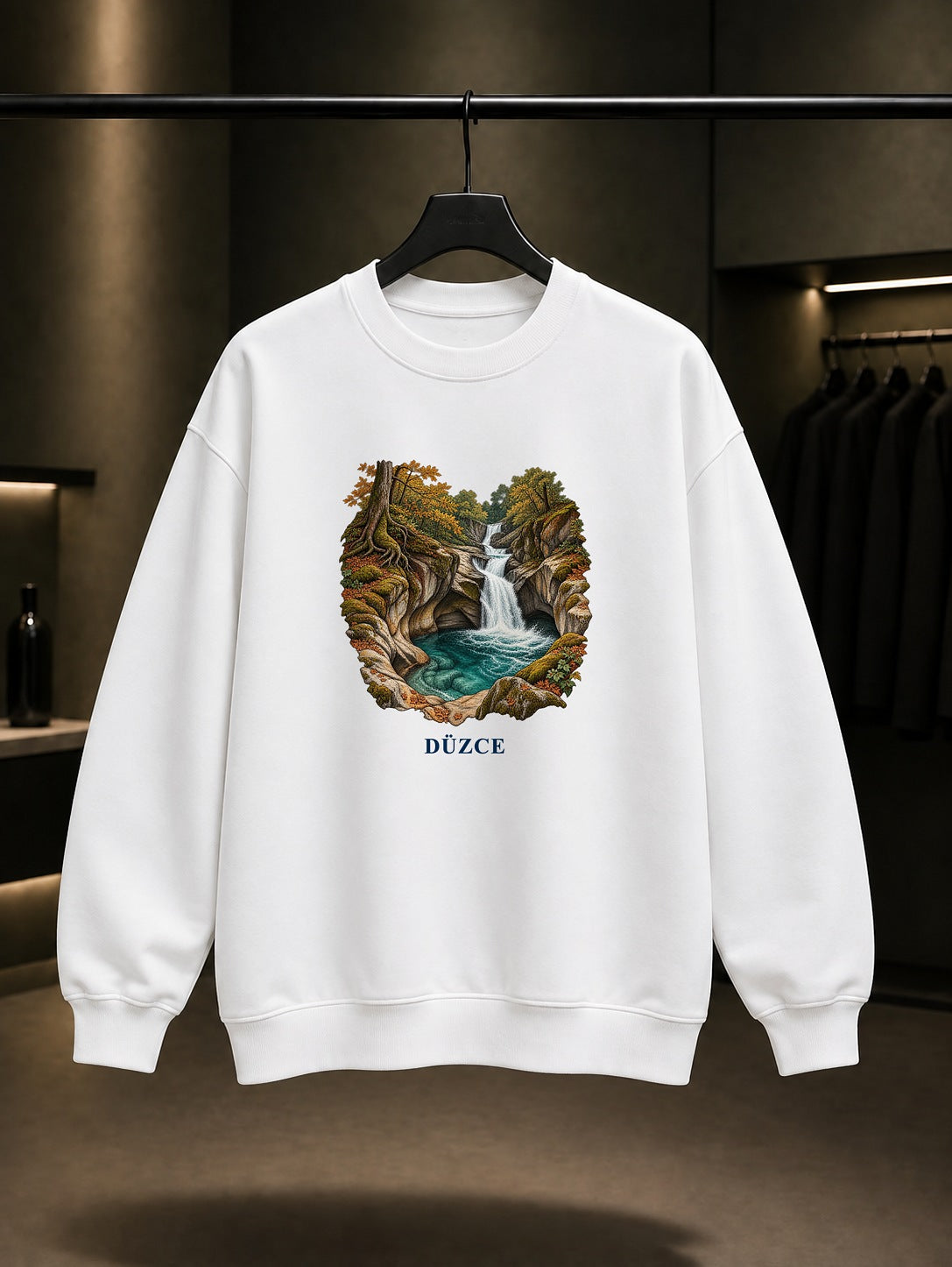 Düzce Samandere Şelalesi baskılı beyaz sweatshirt