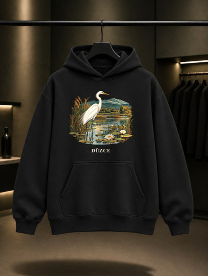 Düzce Efteni Gölü baskılı siyah kapüşonlu sweatshirt