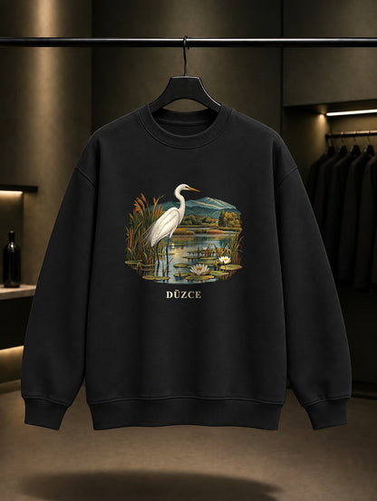 Düzce Efteni Gölü baskılı siyah sweatshirt