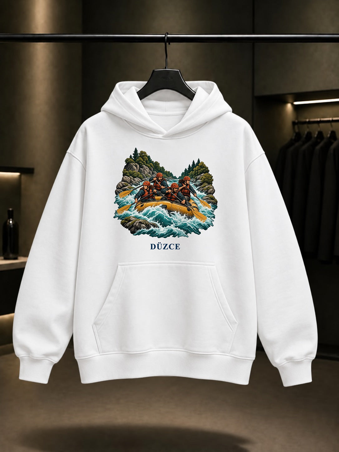 Düzce Melen Rafting baskılı beyaz kapüşonlu sweatshirt