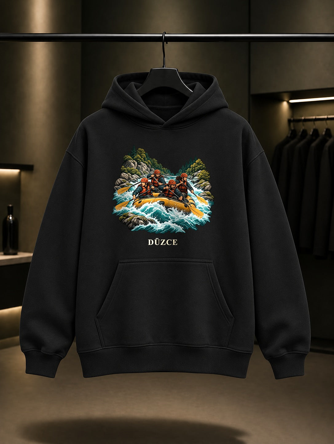 Düzce Melen Rafting baskılı siyah kapüşonlu sweatshirt