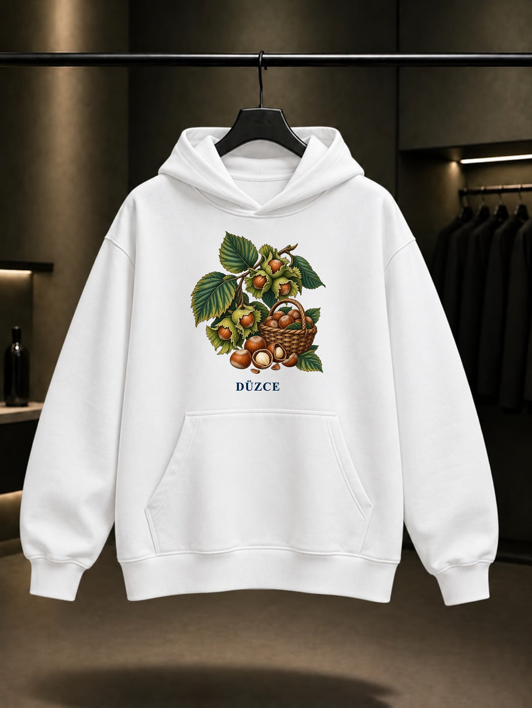 Düzce Akçakoca Fındığı baskılı beyaz kapüşonlu sweatshirt