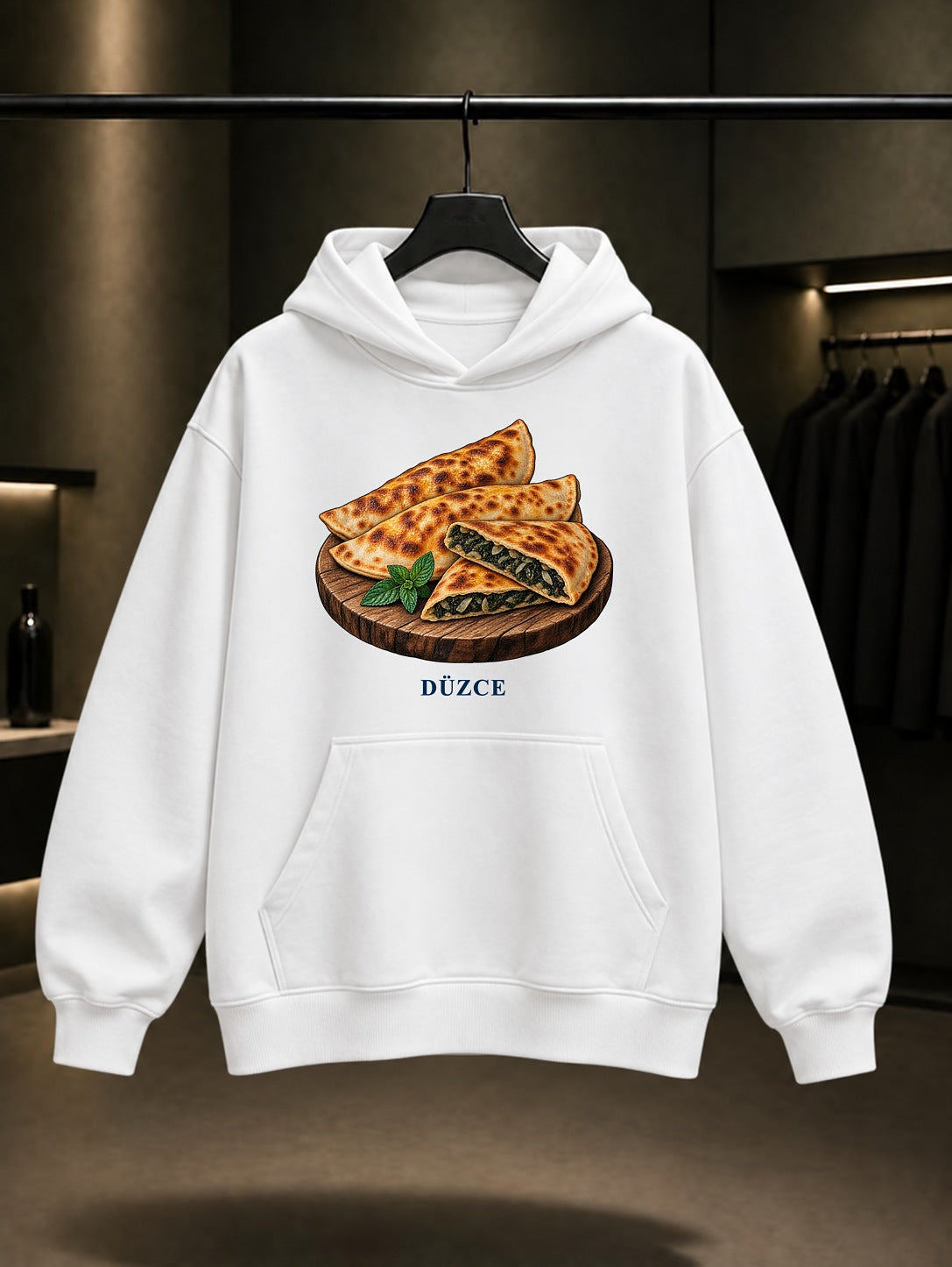 Düzce Mancarlı Pide baskılı beyaz kapüşonlu sweatshirt