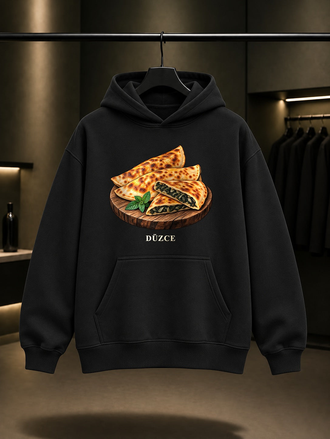 Düzce Mancarlı Pide baskılı siyah kapüşonlu sweatshirt