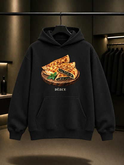 Düzce Mancarlı Pide baskılı siyah kapüşonlu sweatshirt