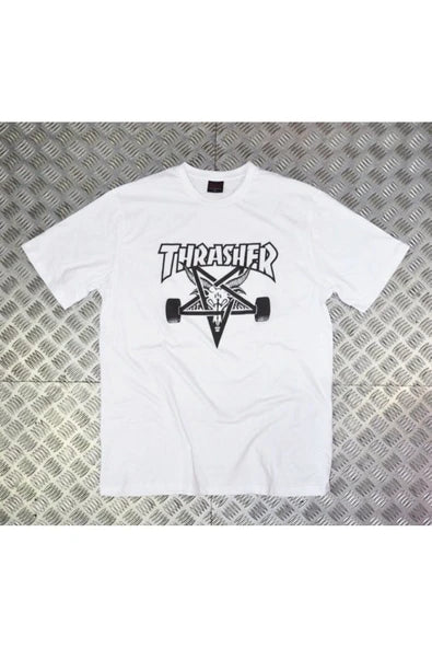 fame-stoned  Thrasher Baskılı Unisex %100 Pamuk Beyaz T-shirt