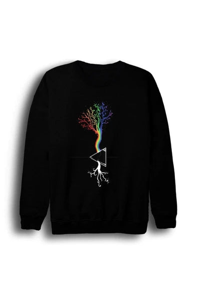 Pink Floyd Prizma ve gökkuşağı renkli baskılı siyah sweatshirt