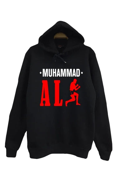 Muhammad Ali Yazısı ve kırmızı boksör baskılı siyah kapüşonlu sweatshirt