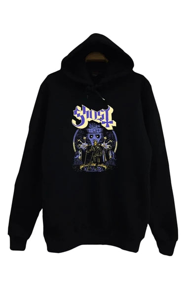 Ghost Logosu ve Papa Emeritus baskılı siyah kapüşonlu sweatshirt