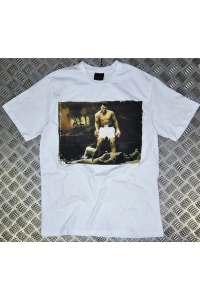 fame-stoned  Muhammed Ali Baskılı Unisex %100 Pamuk Beyaz T-shirt