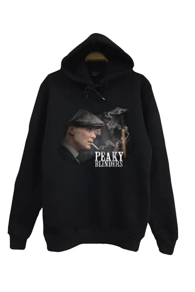 Unisex Siyah Tommy Shelby sigara içerken baskılı siyah kapüşonlu sweatshirt