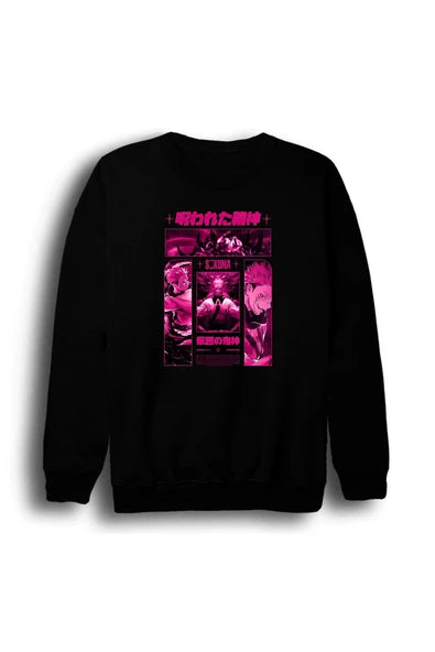 Jujutsu Kaisen - Ryomen Sukuna Pembe-neon baskılı siyah sweatshirt