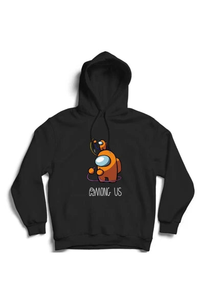 fame-stoned Unisex Siyah Among Us Oyun Baskılı Kapüşonlu Sweatshirt
