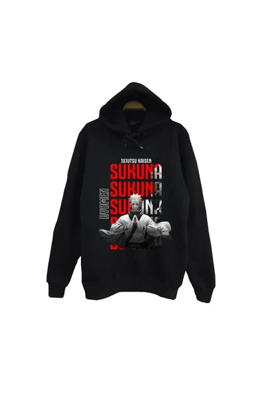 fame-stoned Jujutsu Kaisen - Sukuna - Anime Baskılı Unisex %100 Pamuk Siyah Kapüşonlu Sweatshirt