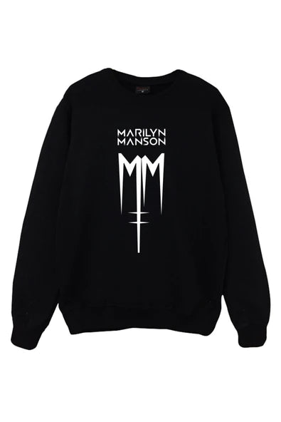 Marilyn Manson MM logosu baskılı siyah sweatshirt