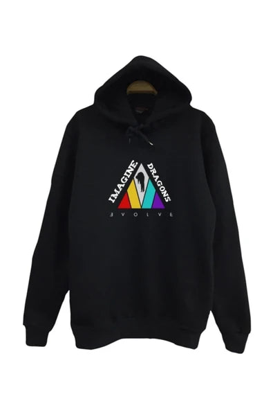 Imagine Dragons Evolve' üçgen logosu baskılı siyah kapüşonlu sweatshirt