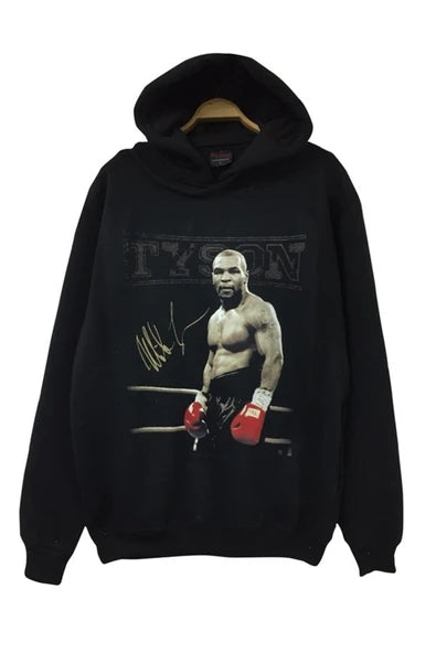 Mike Tyson Ringde boks fotografi baskılı siyah kapüşonlu sweatshirt