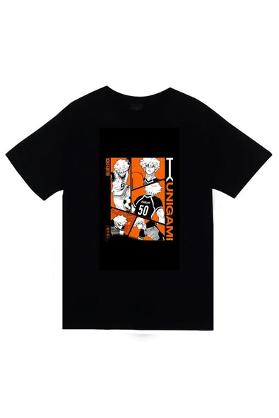 fame-stoned  Blue Lock Yukiyama Kenyu Anime Baskılı Unisex %100 Pamuk Siyah T-shirt