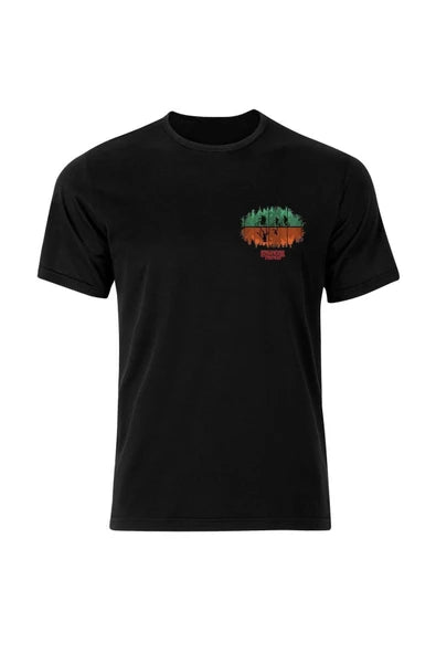 fame-stoned  Stranger Things Baskılı Unisex %100 Pamuk Siyah T-shirt