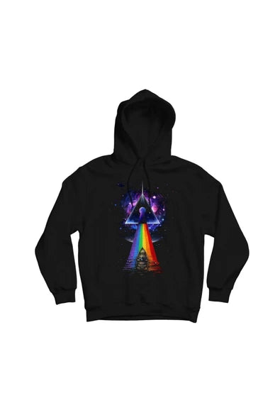 Pink Floyd Uzay temalı piramit baskılı siyah kapüşonlu sweatshirt