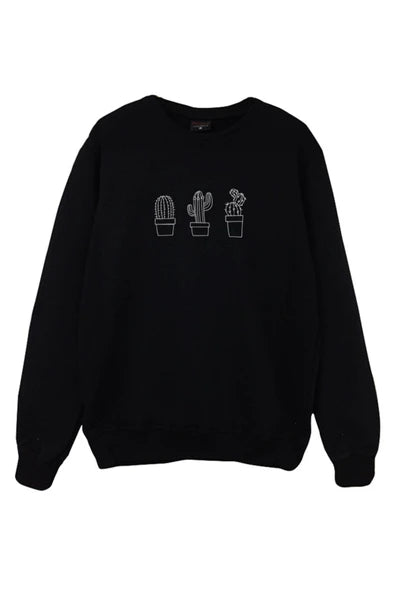 Kaktüs baskılı siyah sweatshirt