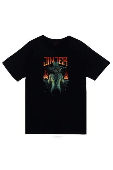 Jinjer Logosu ve alevler baskılı siyah tişört