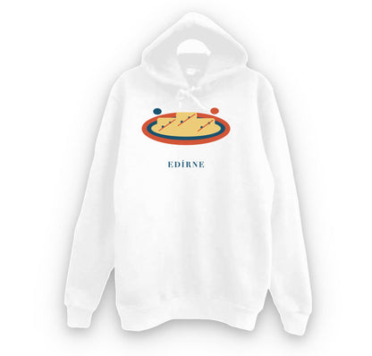 Edirne Beyaz Peyniri baskılı beyaz kapüşonlu sweatshirt