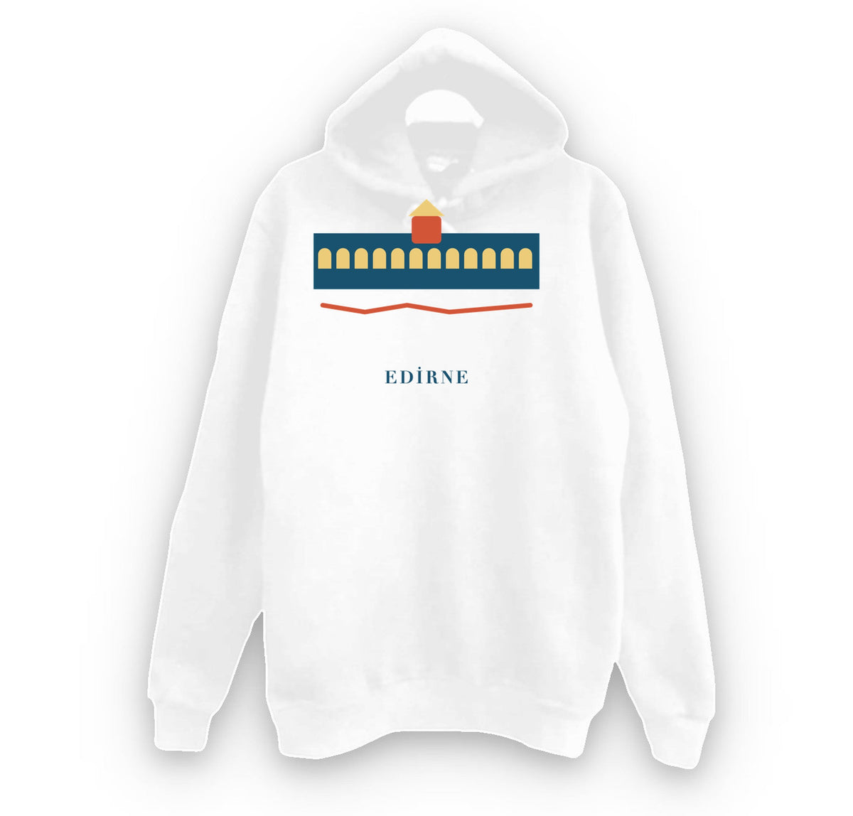 Edirne Meriç Köprüsü baskılı beyaz kapüşonlu sweatshirt