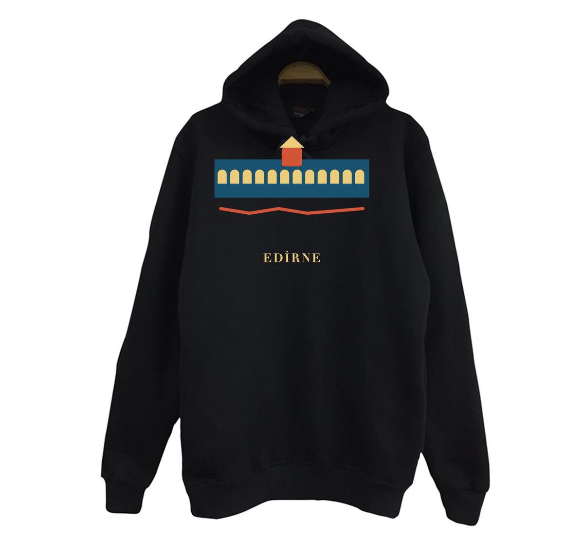Edirne Meriç Köprüsü baskılı siyah kapüşonlu sweatshirt