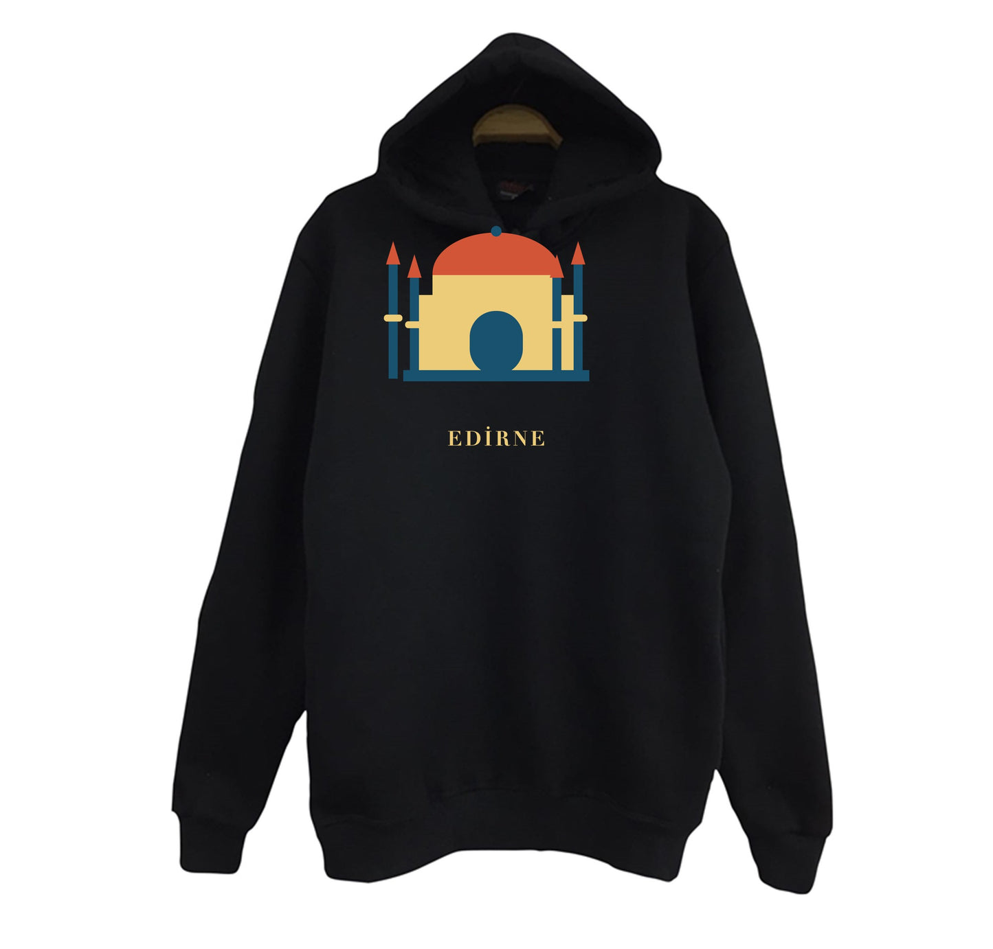 Edirne Selimiye Camii baskılı siyah kapüşonlu sweatshirt