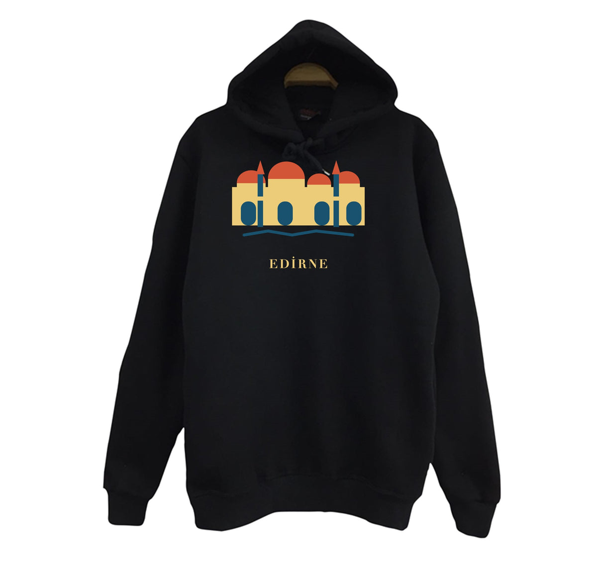 Edirne II. Bayezid Külliyesi baskılı siyah kapüşonlu sweatshirt